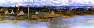 Indios americanos Painting - Campamento kootenai en el lago de los cisnes inacabado 1926 Charles Marion Russell Indios Americanos